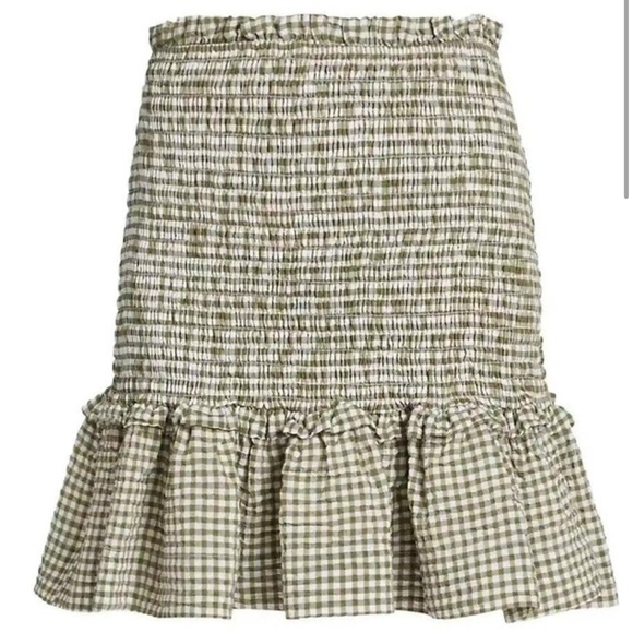 Veronica Beard Aloya Smocked Gingham Mini Skirt Green Ruffle Hem Size L NWT - Picture 1 of 11